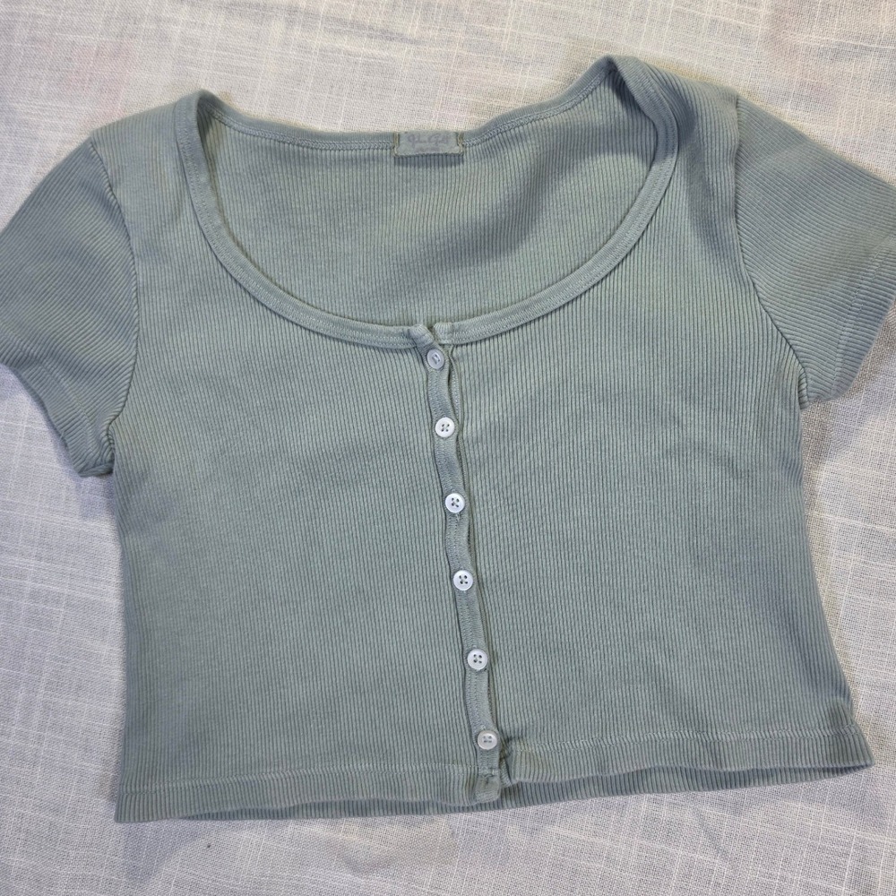 John Galt Brandy Melville Sage Green Ribbed Button Down Crop Top Short Sleeve